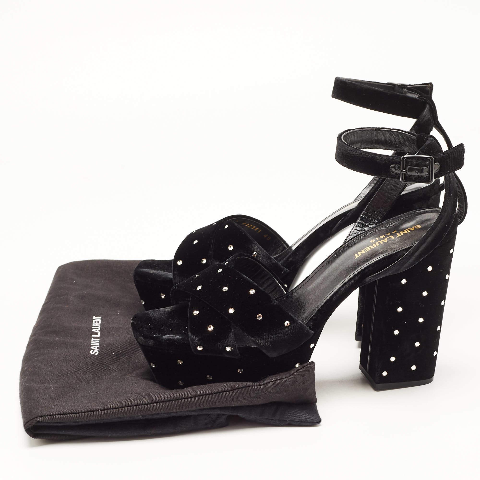 Saint Laurent Black Crystal Embellished Velvet Farrah Sandals Size 40 For Sale 5