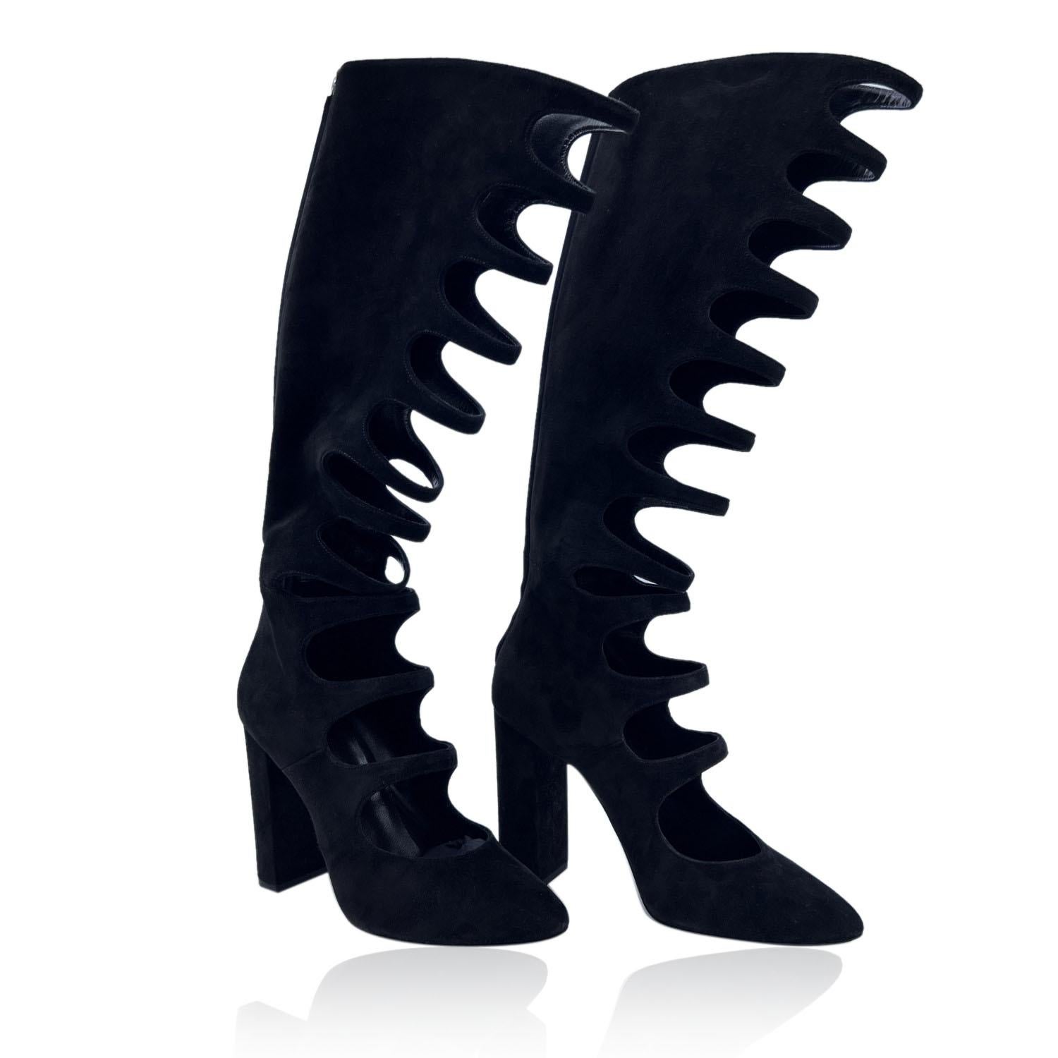 Saint Laurent Black Cut Out Suede High Cage Boots Szie 39 In Excellent Condition In Rome, Rome