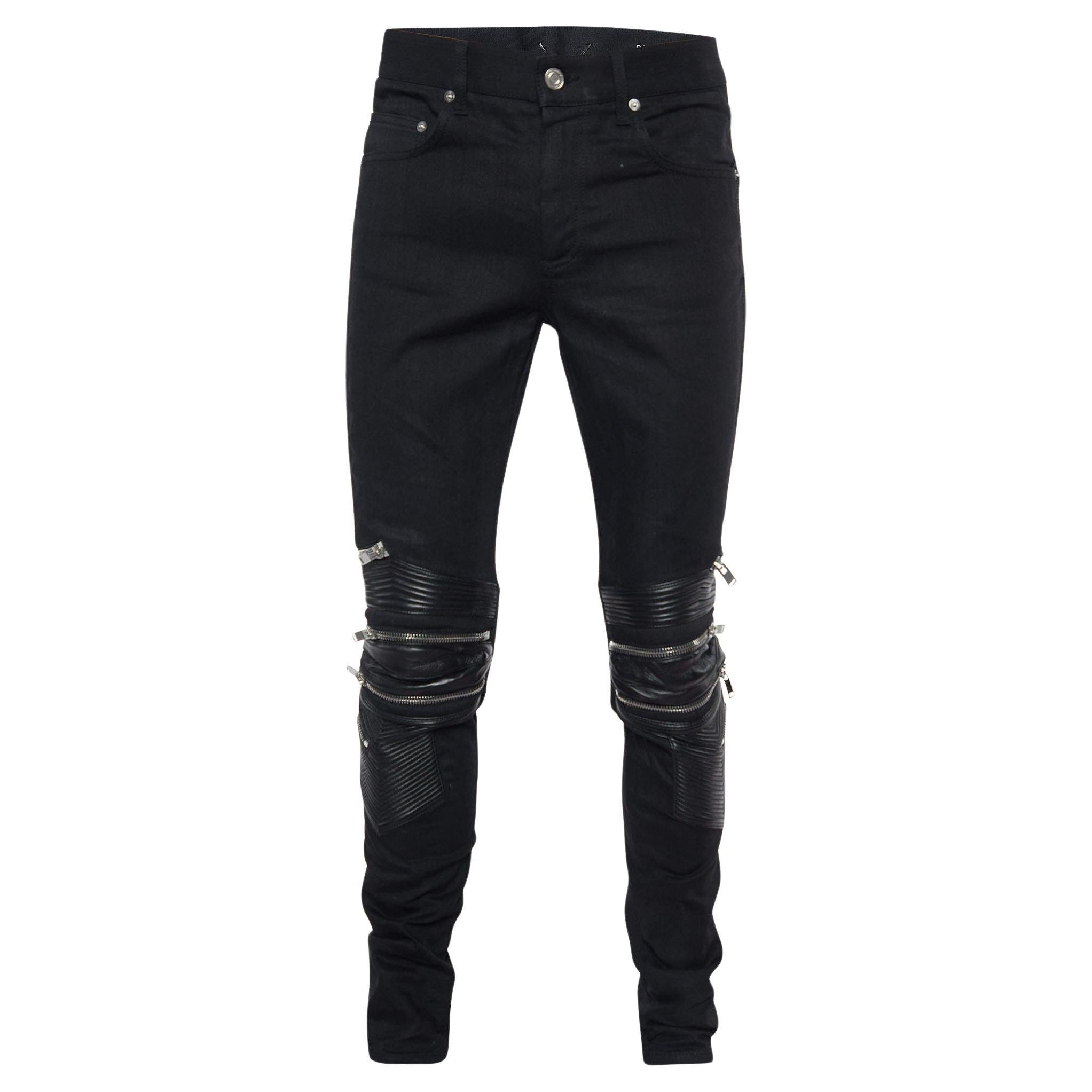 Saint Laurent Black Denim & Leather Skinny Biker Jeans XXL/Waist 37" For Sale