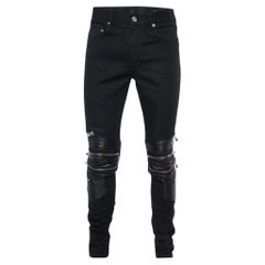 Saint Laurent Black Denim & Leather Skinny Biker Jeans XXL/Waist 37"