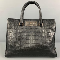 SAINT LAURENT Black Embossed Alligator Tote Handbag
