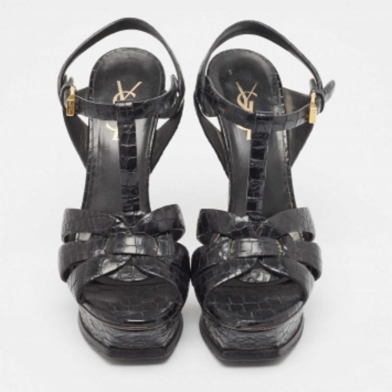 Saint Laurent Schwarz Geprägtes Krokodil Tribut Sandalen Größe 36.5 Damen im Angebot