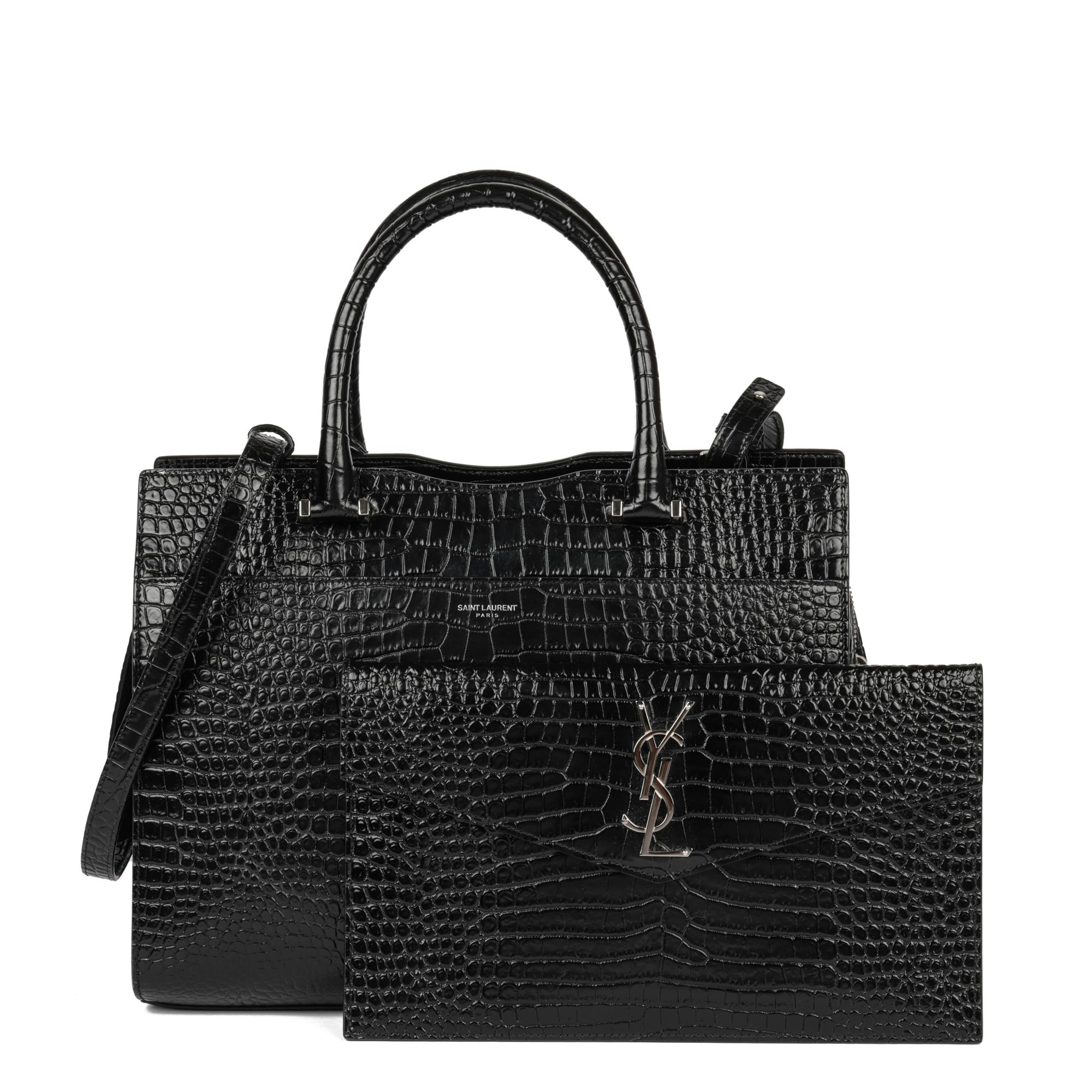 SAINT LAURENT Black Faux Crocodile-Embossed Leather Small Uptown Bag 5