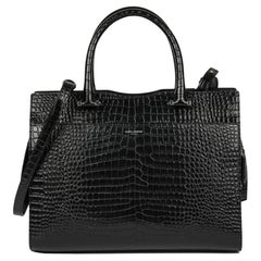 SAINT LAURENT Black Faux Crocodile-Embossed Leather Small Uptown Bag