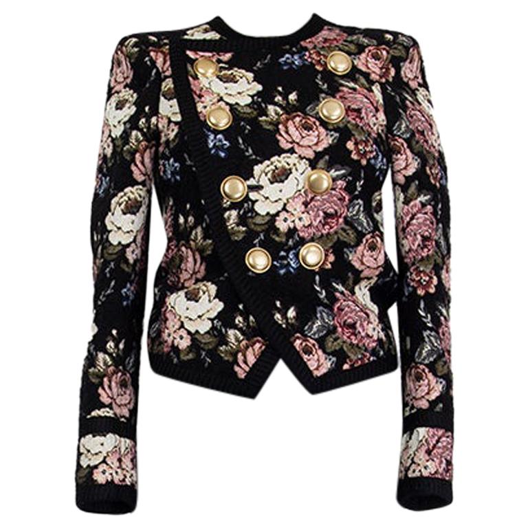 Saint Laurent wide collar cropped blazer jacket in black, pale pink, burgundy, off-white, olive green, blue and brown rose jacquard in viscose (36%), wool (33%), polyester (15%), alpaca (7%), polyamide (5%) and acrylic (4%) with big light gold-tone