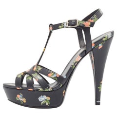 Saint Laurent Black Floral Print Leather Platform Sandals Size 37.5