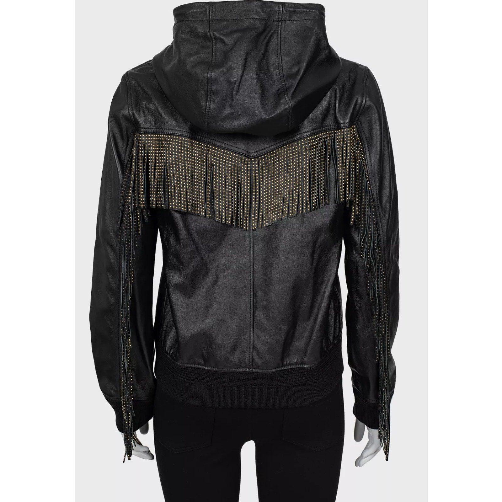 Noir Saint Laurent Veste en cuir noir à franges - Taille S / FR36 en vente
