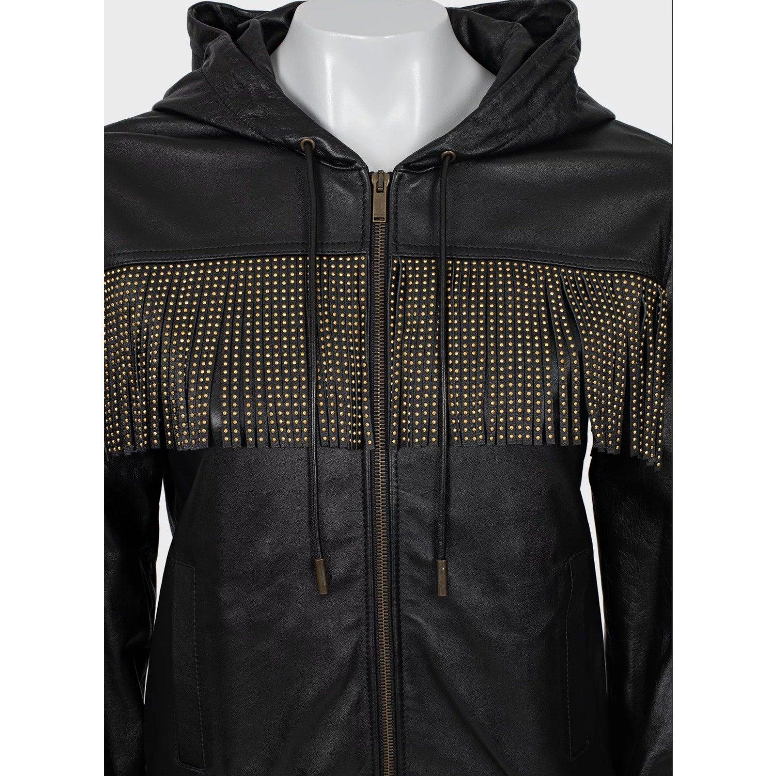 Saint Laurent Veste en cuir noir à franges - Taille S / FR36 Excellent état - En vente à Krakow, PL