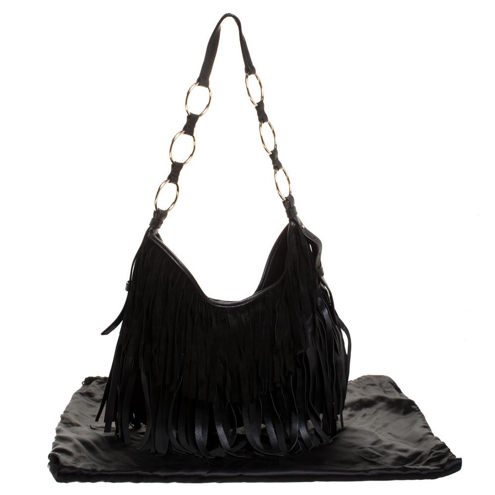 Saint Laurent Black Fringed Suede and Leather La Boheme Shoulder Bag 6