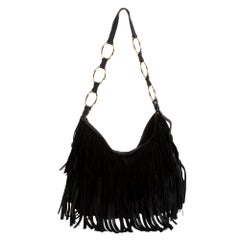 Saint Laurent Black Fringed Suede and Leather La Boheme Shoulder Bag