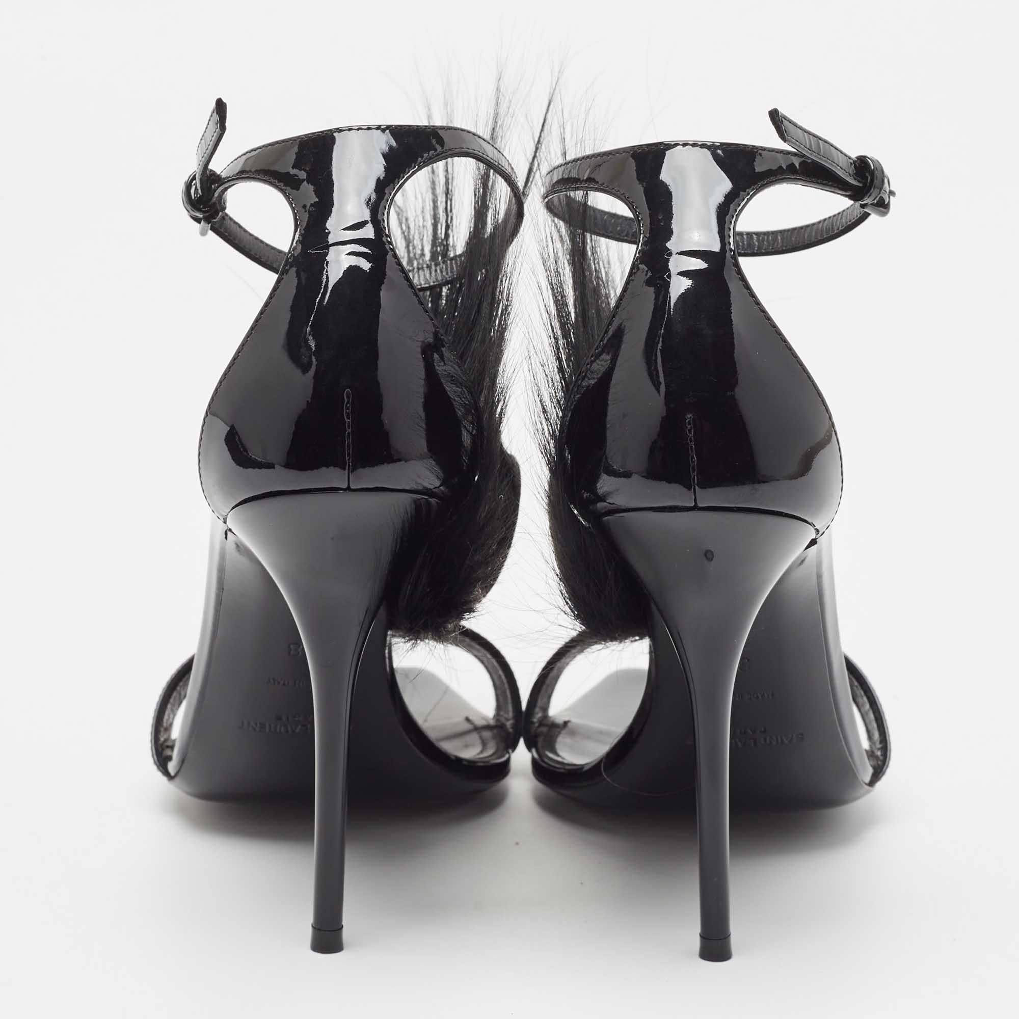 Women's Saint Laurent Black Fur and Patent Runaway Mohawk Ankle Strap Sandals Size 38
