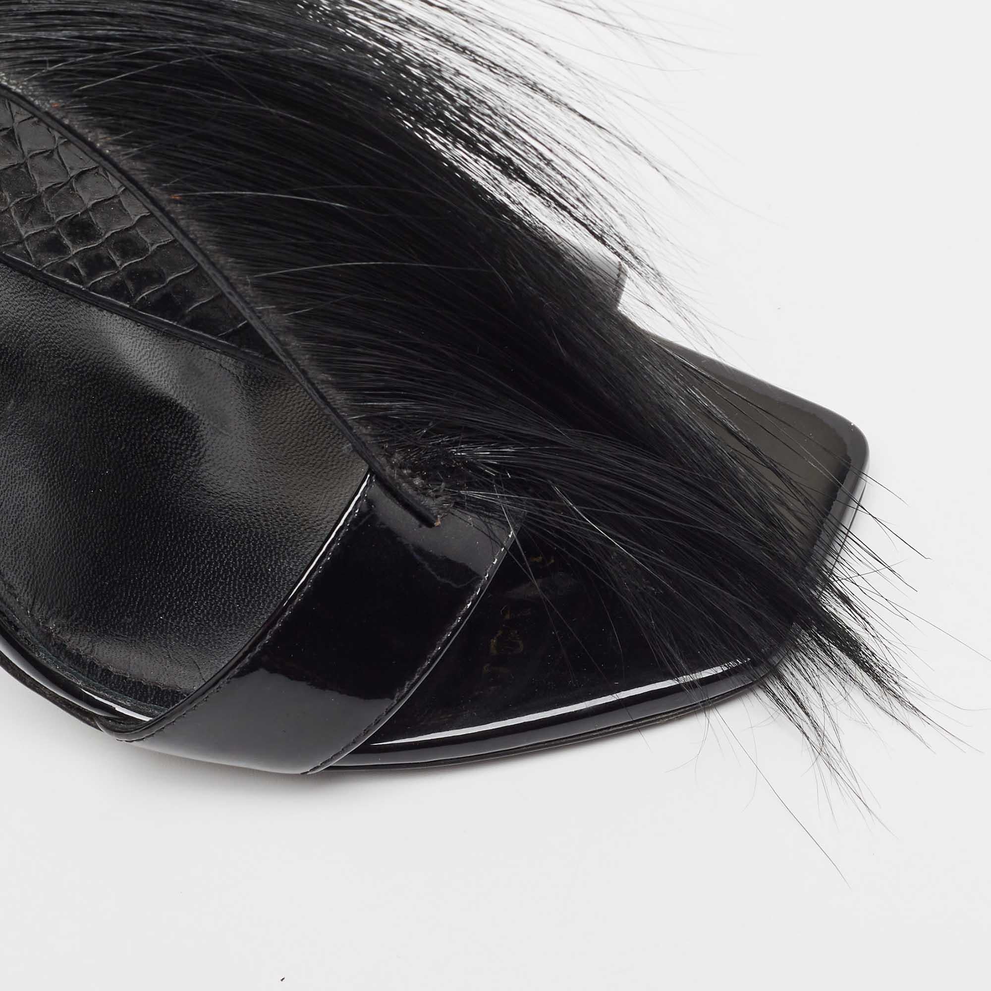 Saint Laurent Black Fur and Patent Runaway Mohawk Ankle Strap Sandals Size 38 For Sale 2