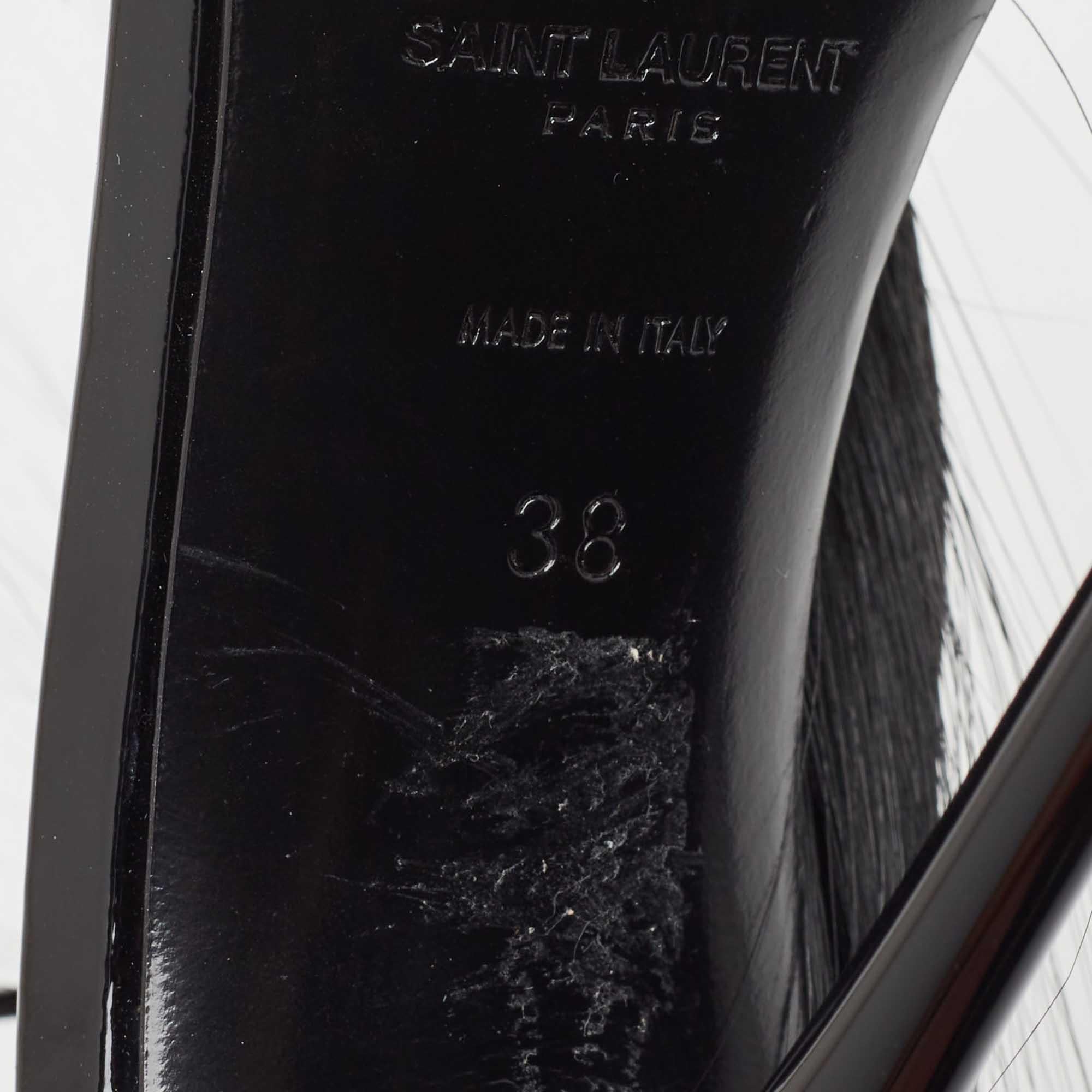 Saint Laurent Black Fur and Patent Runaway Mohawk Ankle Strap Sandals Size 38 For Sale 3