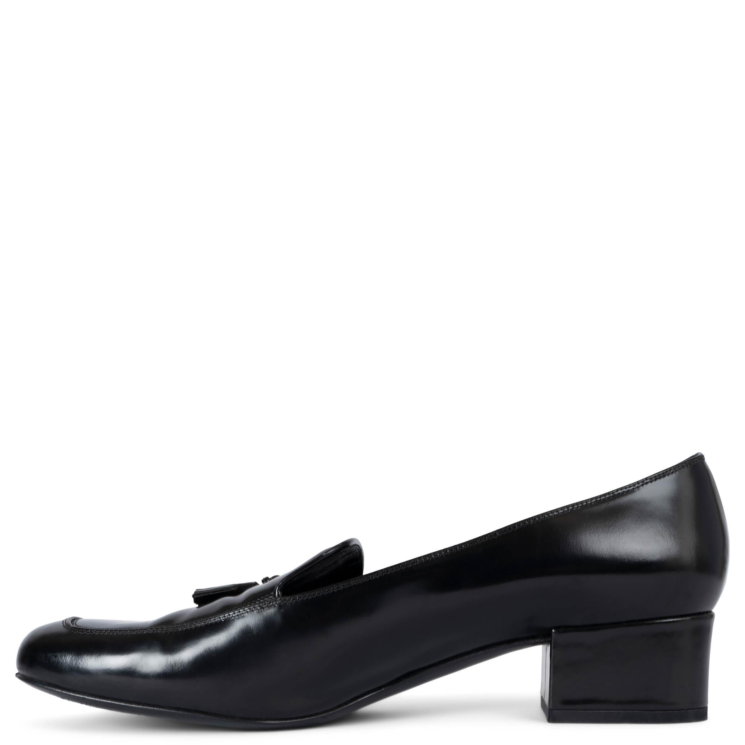 Black SAINT LAURENT black glazed leather 2015 BABIES TASSELED Loafers Shoes 42 For Sale