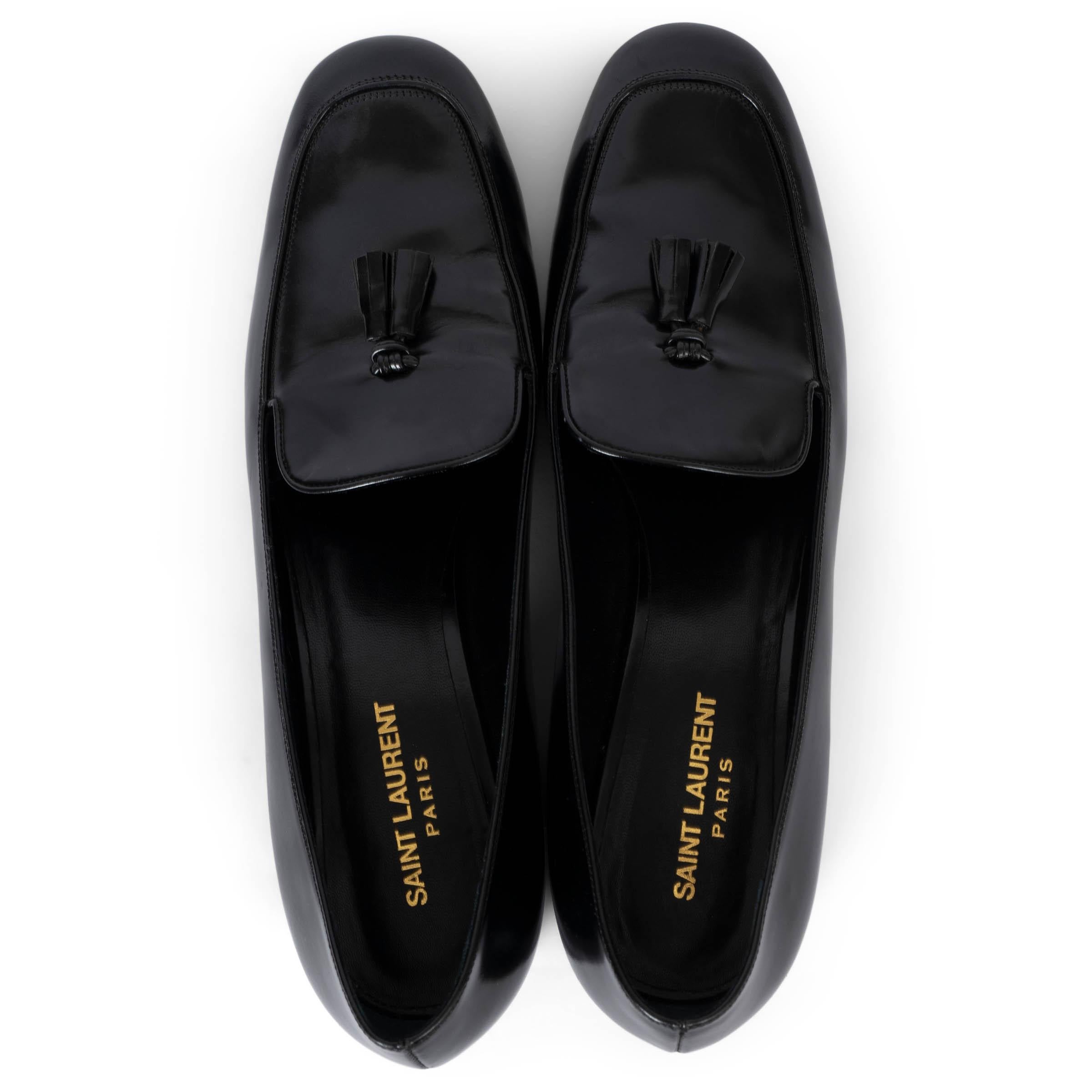 Women's SAINT LAURENT black glazed leather 2015 BABIES TASSELED Loafers Shoes 42 For Sale