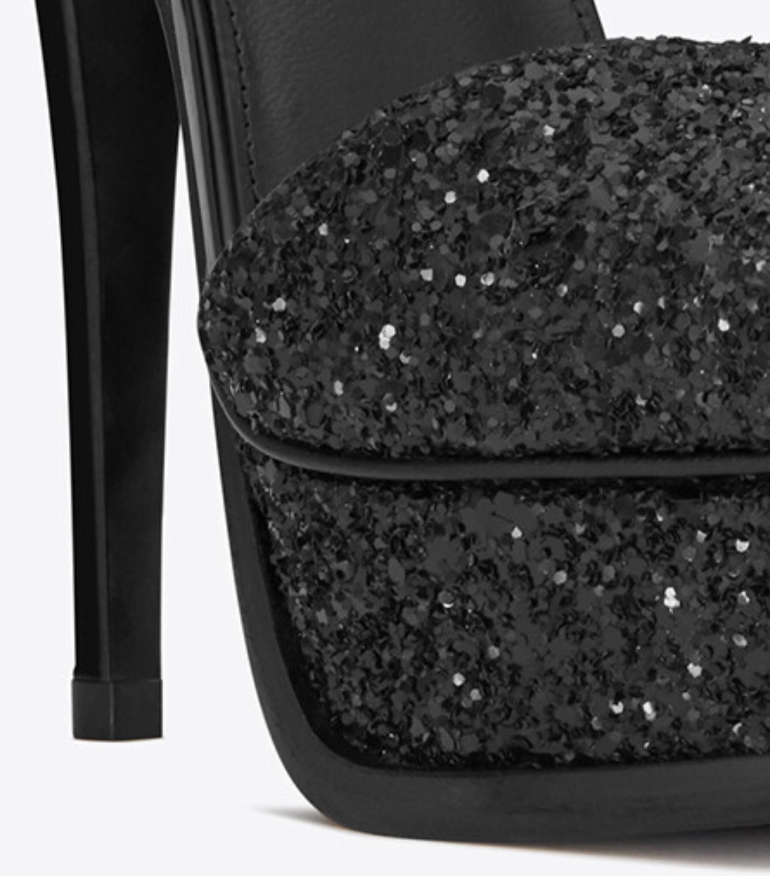 Women's Saint Laurent Black Glitter and Patent Leather Tribute Lips Sandal Size 41