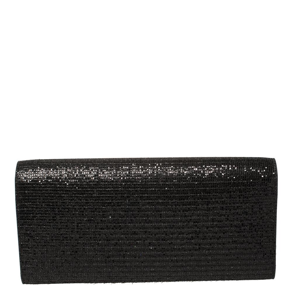 Saint Laurent Black Glitter Fabric Cassandre Clutch In Good Condition In Dubai, Al Qouz 2