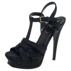 Saint Laurent Schwarz Glitter Tribut Plateau-Sandalen mit Knöchelriemen Größe 36,5