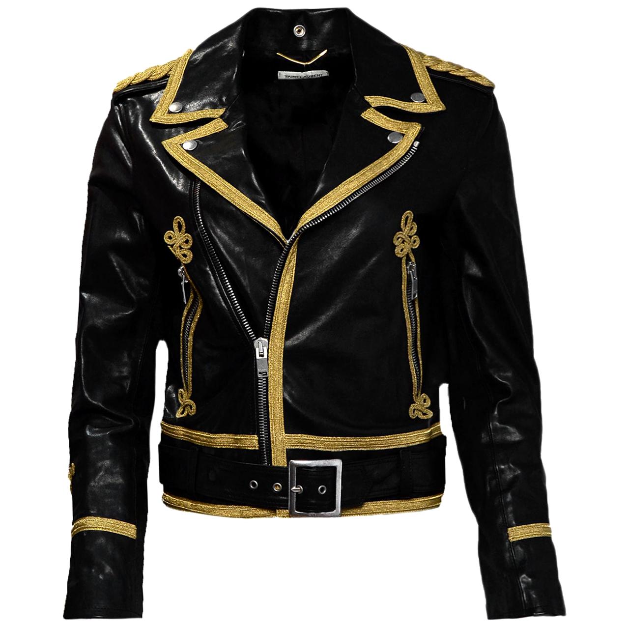 Saint Laurent Black/Gold Men's Leather Officer Biker Jacket w/ Gold Trim sz  38 For Sale at 1stDibs