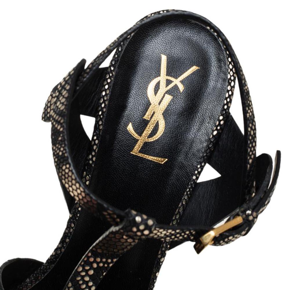 Saint Laurent Black/Gold Textured Leather Tribute Sandals Size 39 1