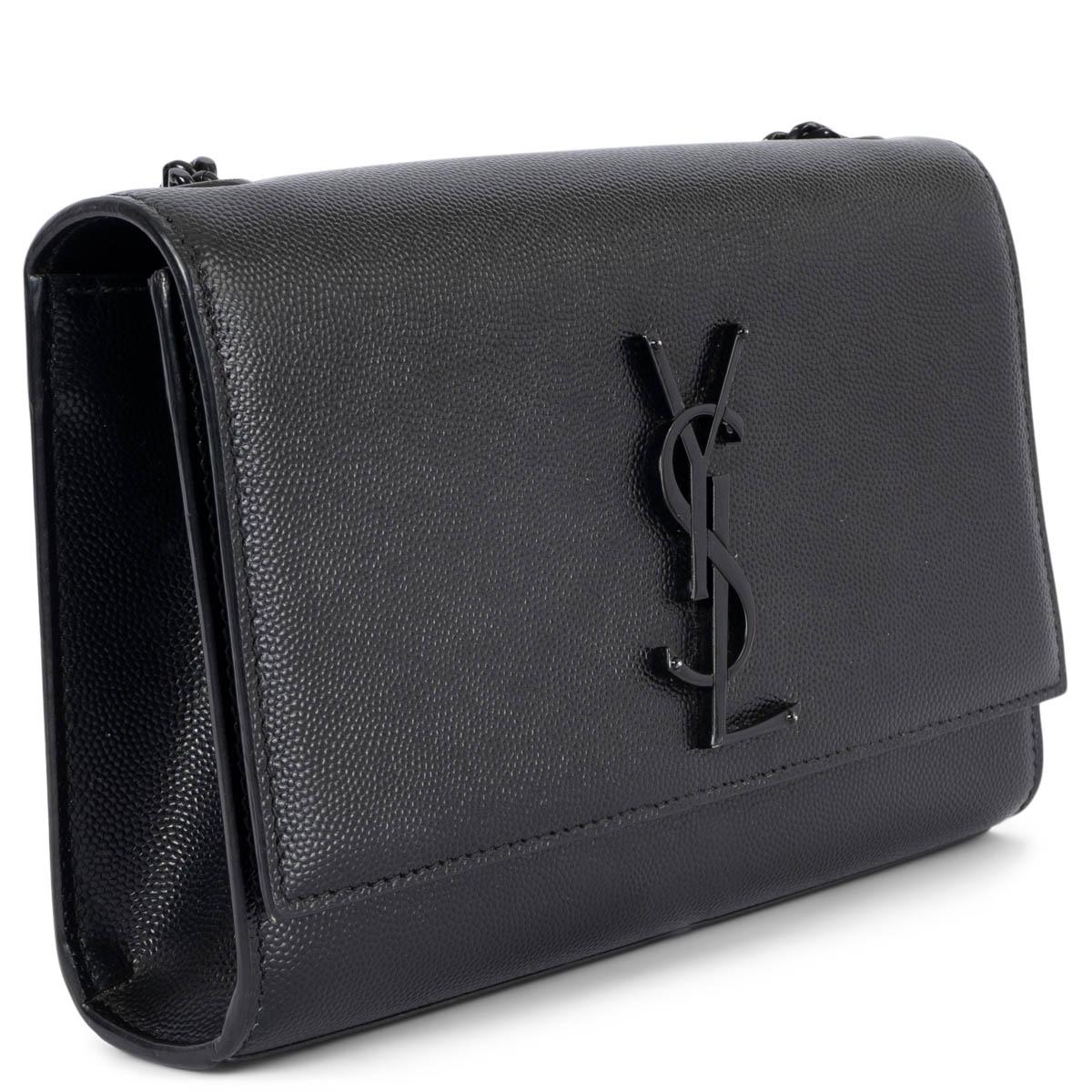 100% authentic Saint Laurent Kate Small flap shoulder bag in black Grain de Poudre leather with black hardware. Closes with a magnetic snap under the flap. Lined in black grosgrain fabric with an open pocket against the back. Has been carried with