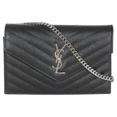 Saint Laurent Black Grain De Poudre Matelasse Chevron Envelope Wallet on Chain