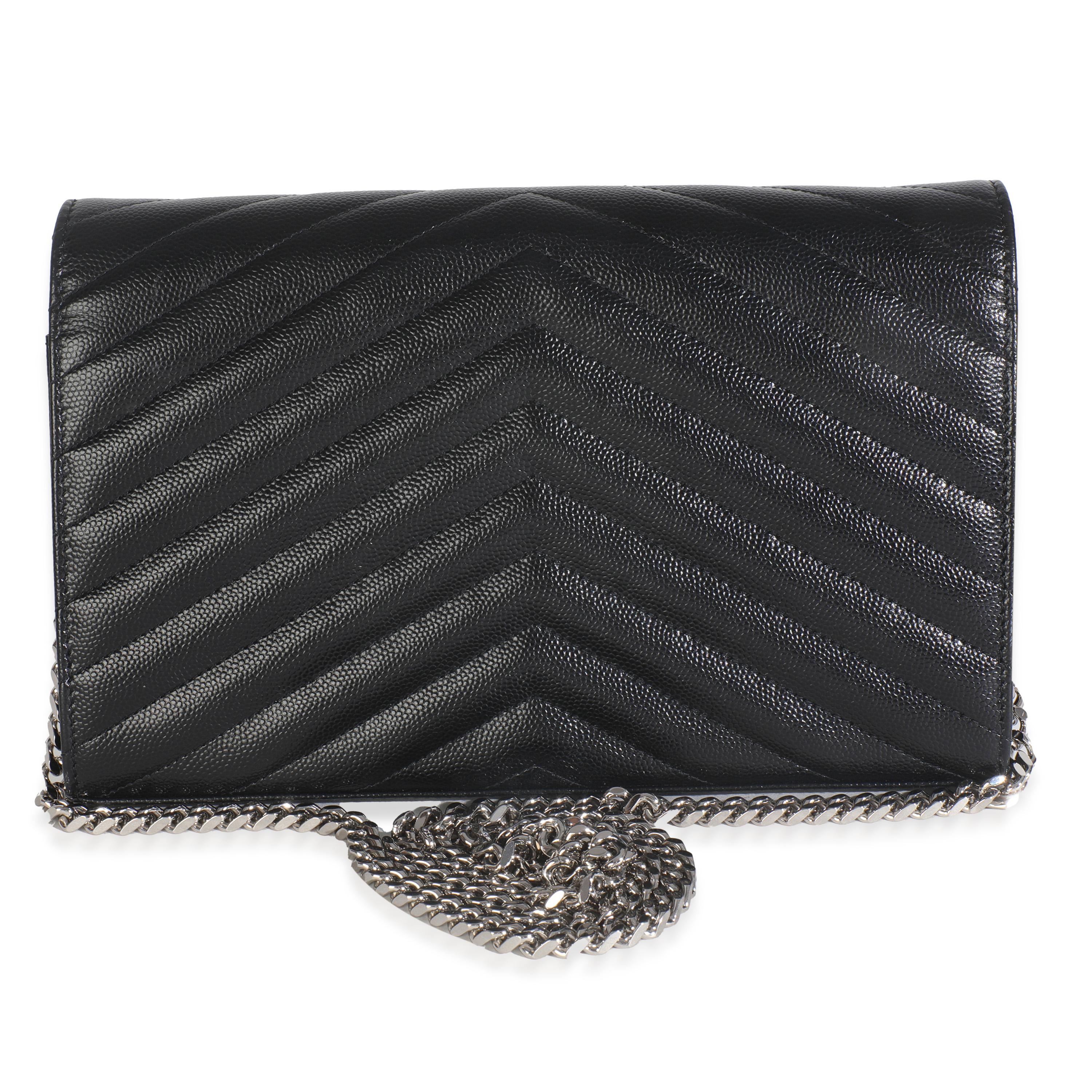 Listing Title: Saint Laurent Black Grain De Poudre Matelasse Chevron Monogram Chain Wallet
SKU: 148852
MSRP: 1690.00 USD
Condition: Pre-owned 
Handbag Condition: Excellent
Condition Comments: Item is in excellent condition and displays light signs
