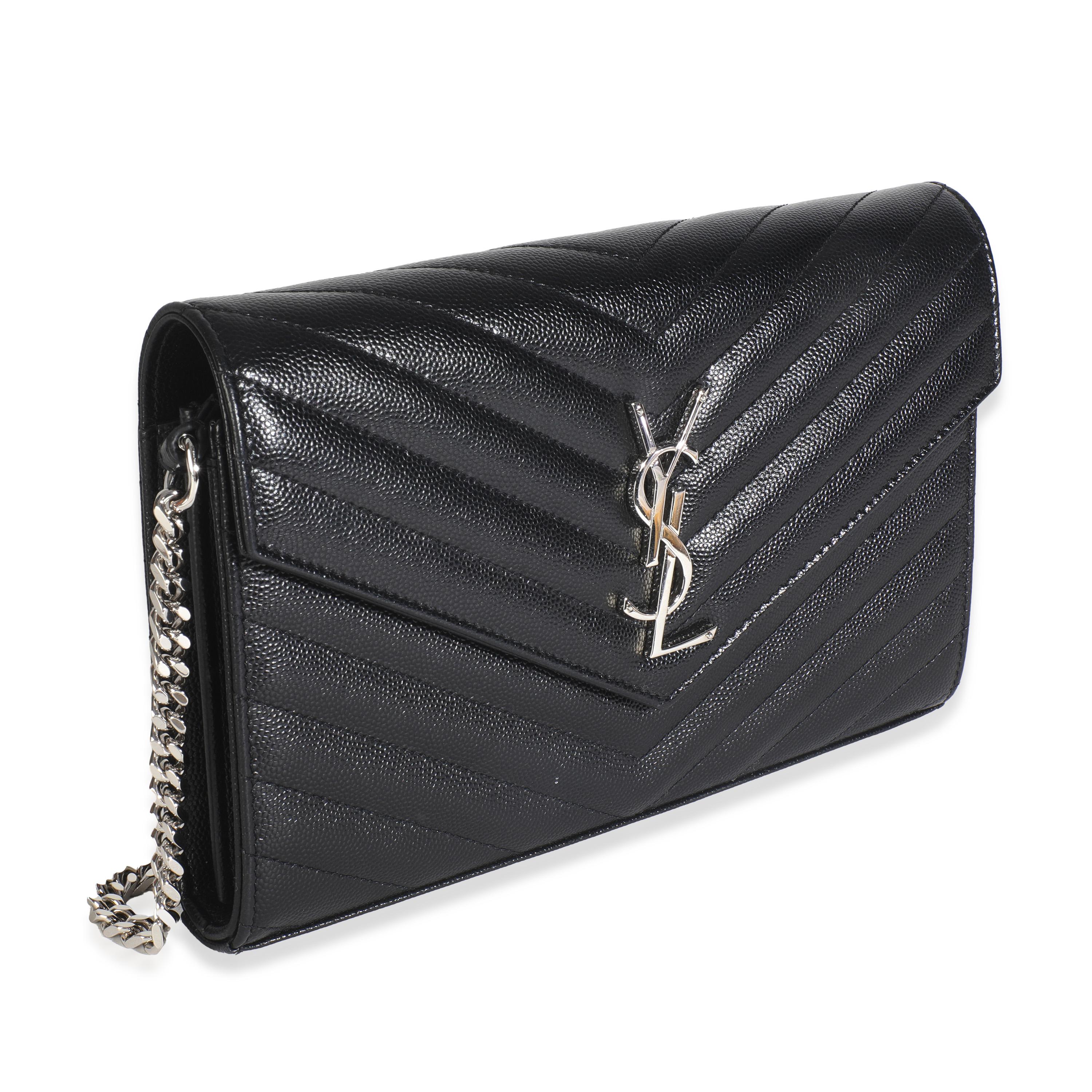 Nero Saint Laurent Black Grain De Poudre Matelasse Chevron Monogram Chain Wallet in vendita