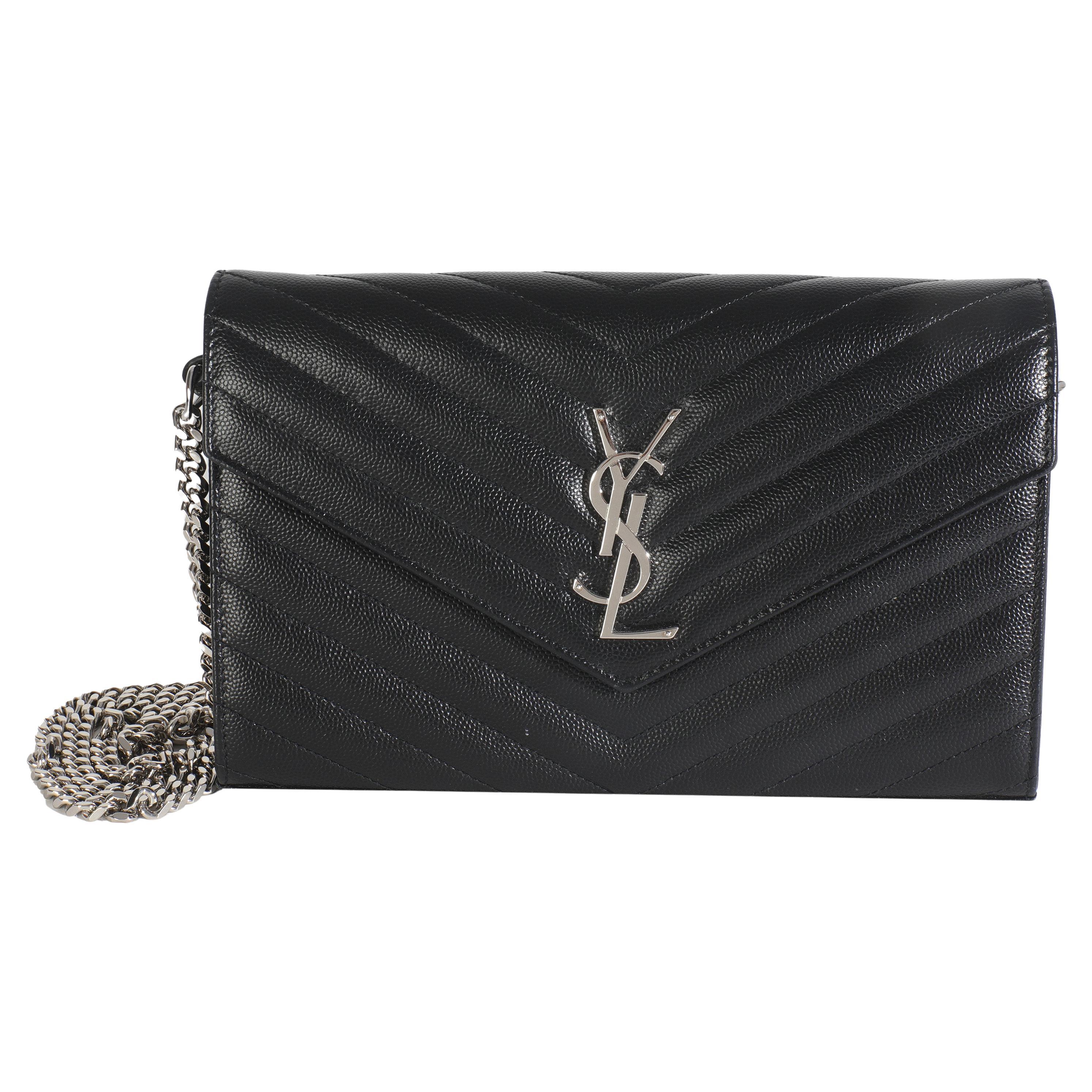 Saint Laurent Black Grain De Poudre Matelasse Chevron Monogram Chain Wallet