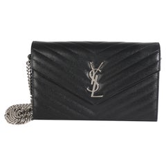 Saint Laurent Black Grain De Poudre Matelasse Chevron Monogram Chain Wallet