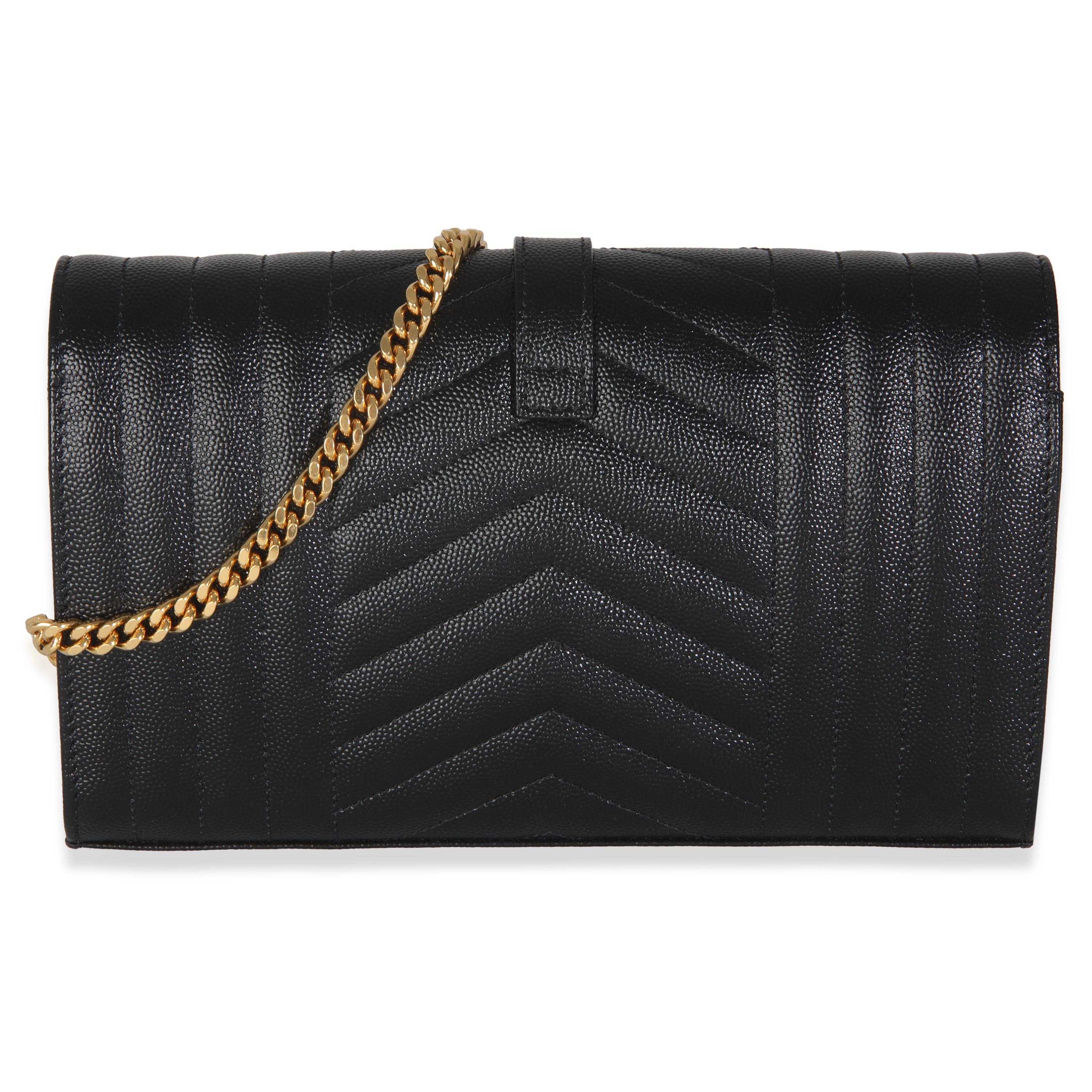 Listing Title: Saint Laurent Black Grain De Poudre Matelasse Triquilt Monogram Chain Wallet
SKU: 145929
MSRP: 1950.00 USD
Condition: Pre-owned 
Handbag Condition: Excellent
Condition Comments: Item is in excellent condition and displays light signs