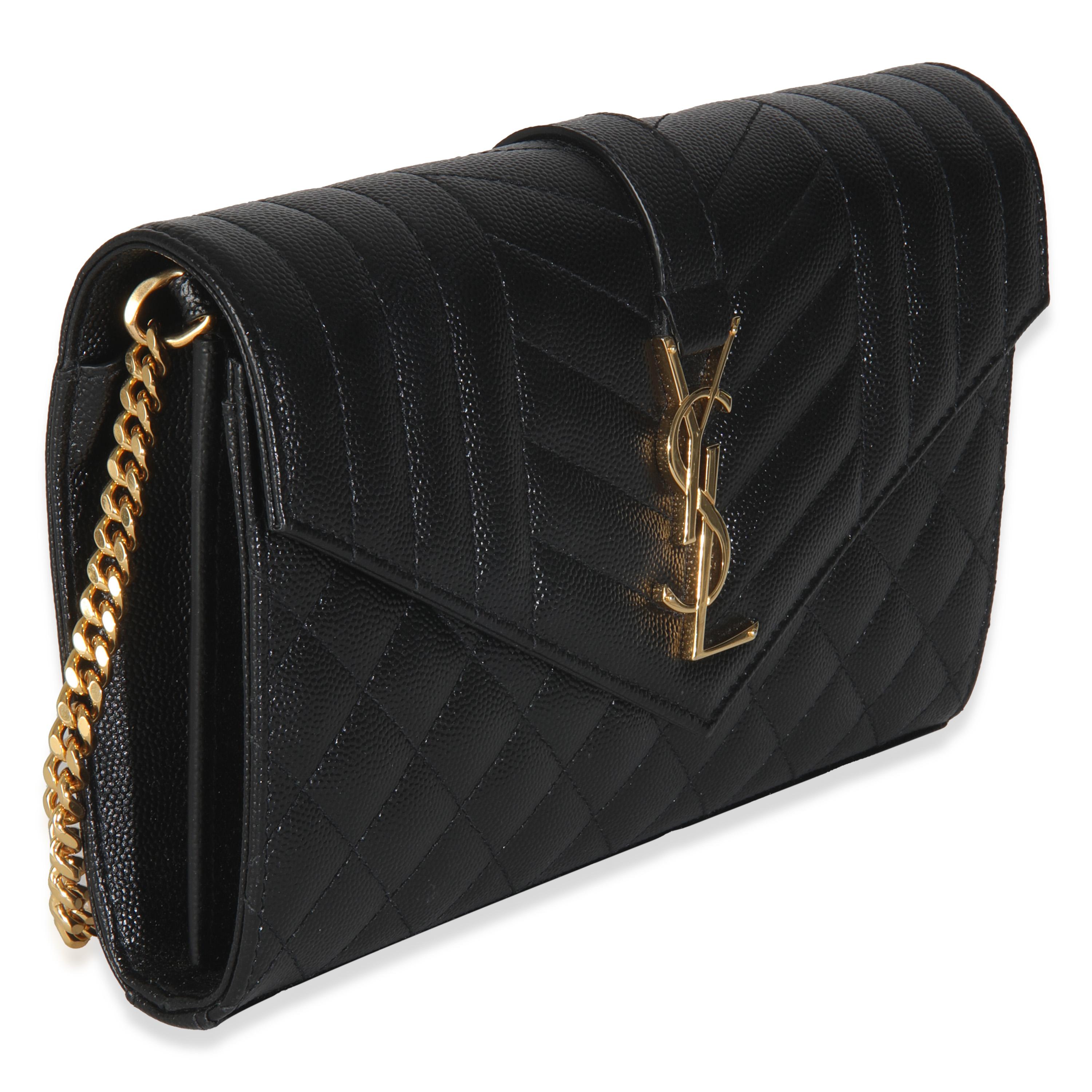 Saint Laurent Black Grain De Poudre Matelasse Triquilt Monogram Chain Wallet In Excellent Condition For Sale In New York, NY