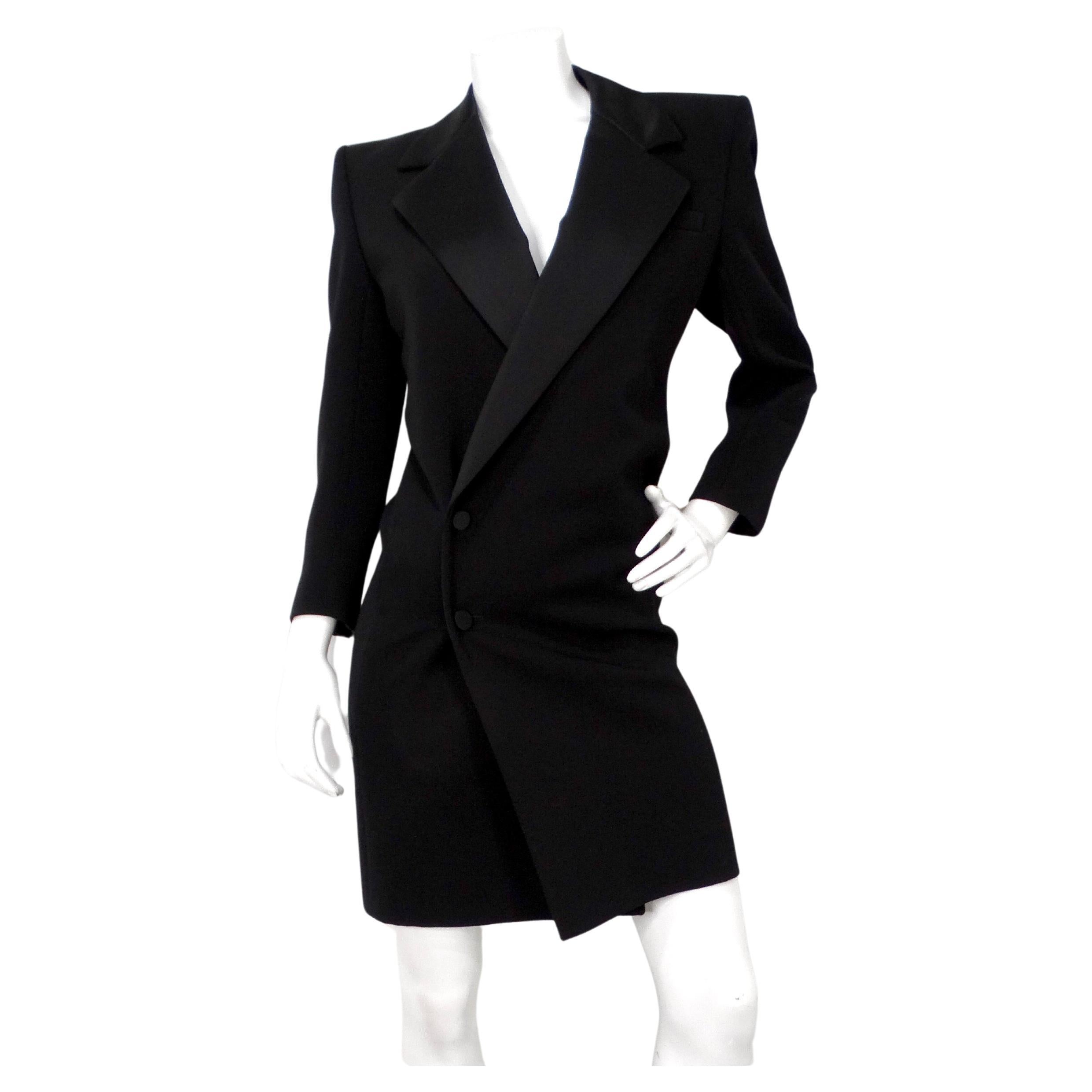 Saint Laurent Schwarzes Grain De Poudre Seidengefüttertes Smokingkleid im Angebot