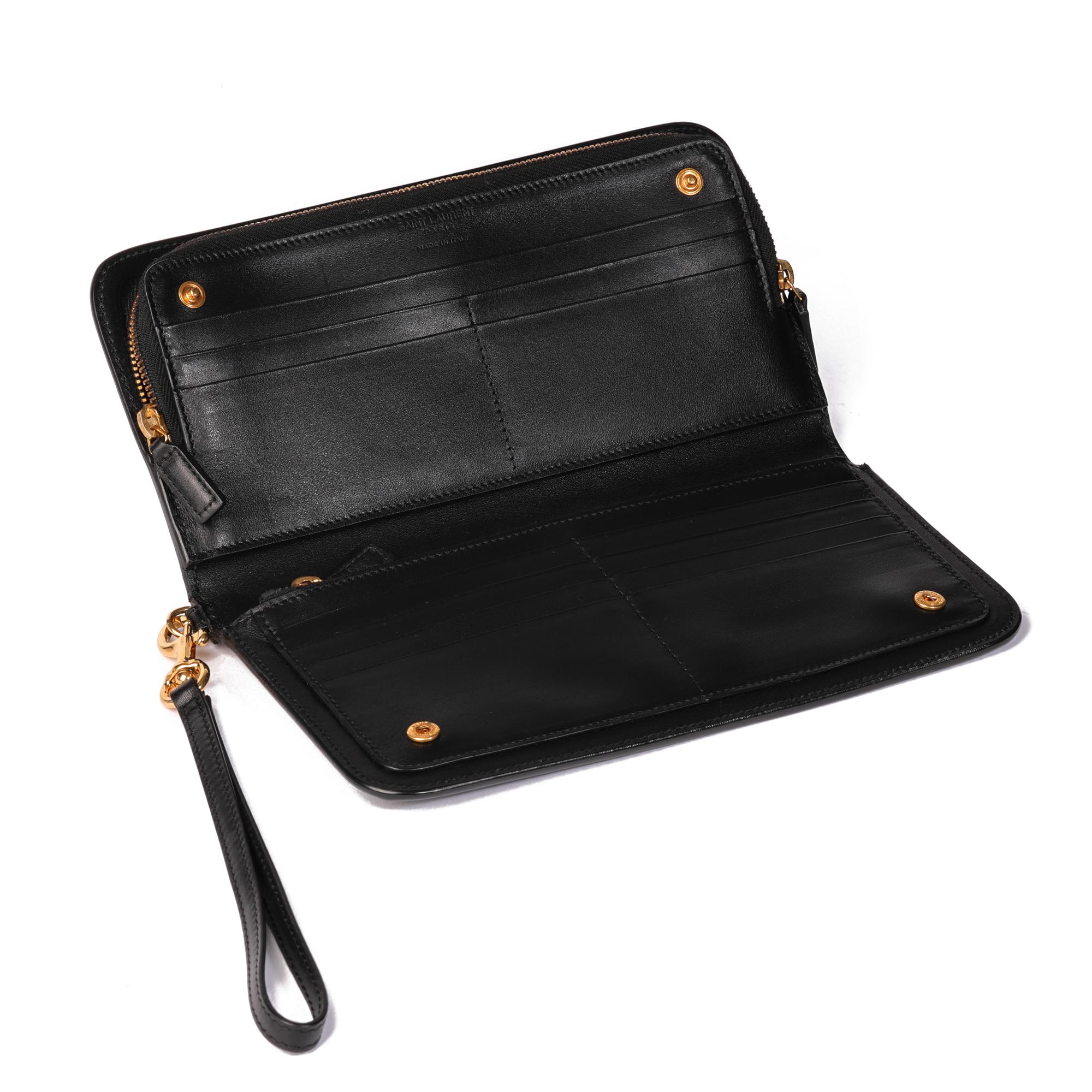 Women's Saint Laurent Black Grain De Poudre Zip Around Wallet With Strap