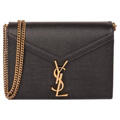 SAINT LAURENT Black Grained Calfskin Leather Medium Cassandra