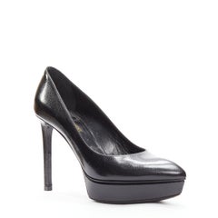 SAINT LAURENT black grained leather point toe platform pumps EU37