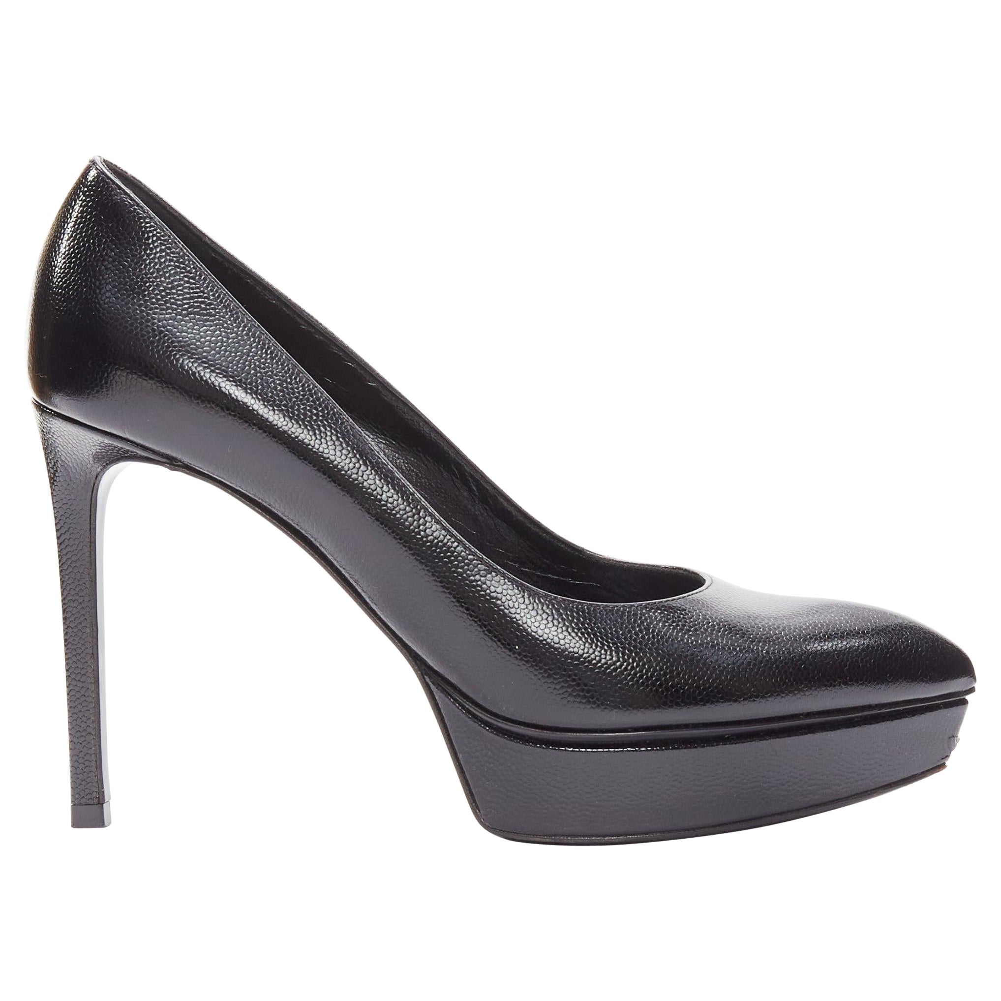 SAINT LAURENT black grained leather point toe platform pumps EU37