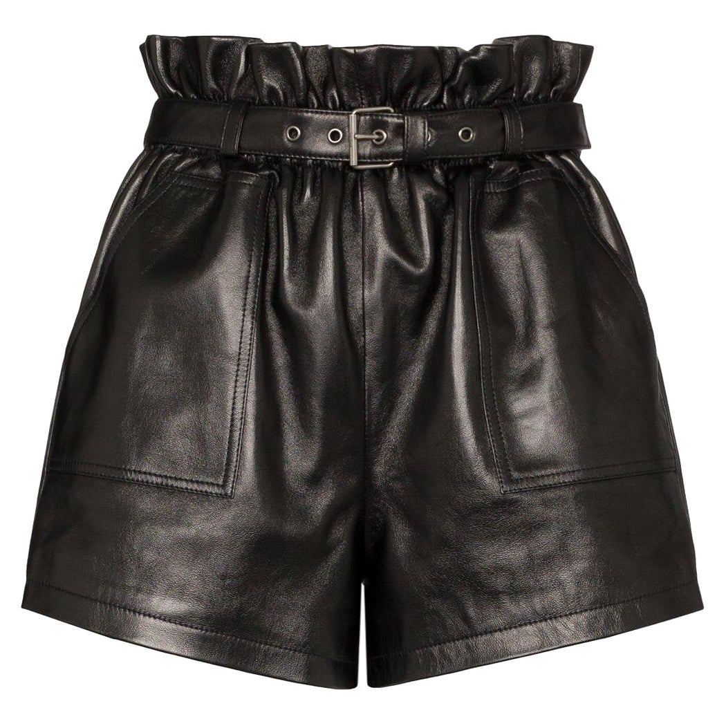 Saint Laurent - Pantaloncini neri a vita alta in pelle taglia 36