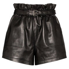 Saint Laurent Black High Waisted Belted Leather Shorts Size 38