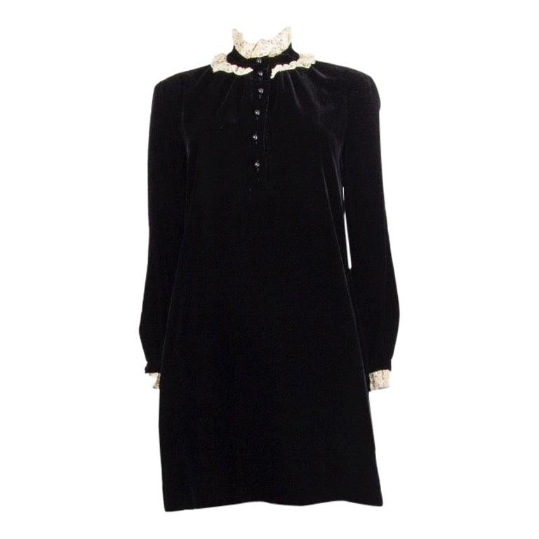 SAINT LAURENT black LACE-TRIM VELVET MINI Dress 38 M
