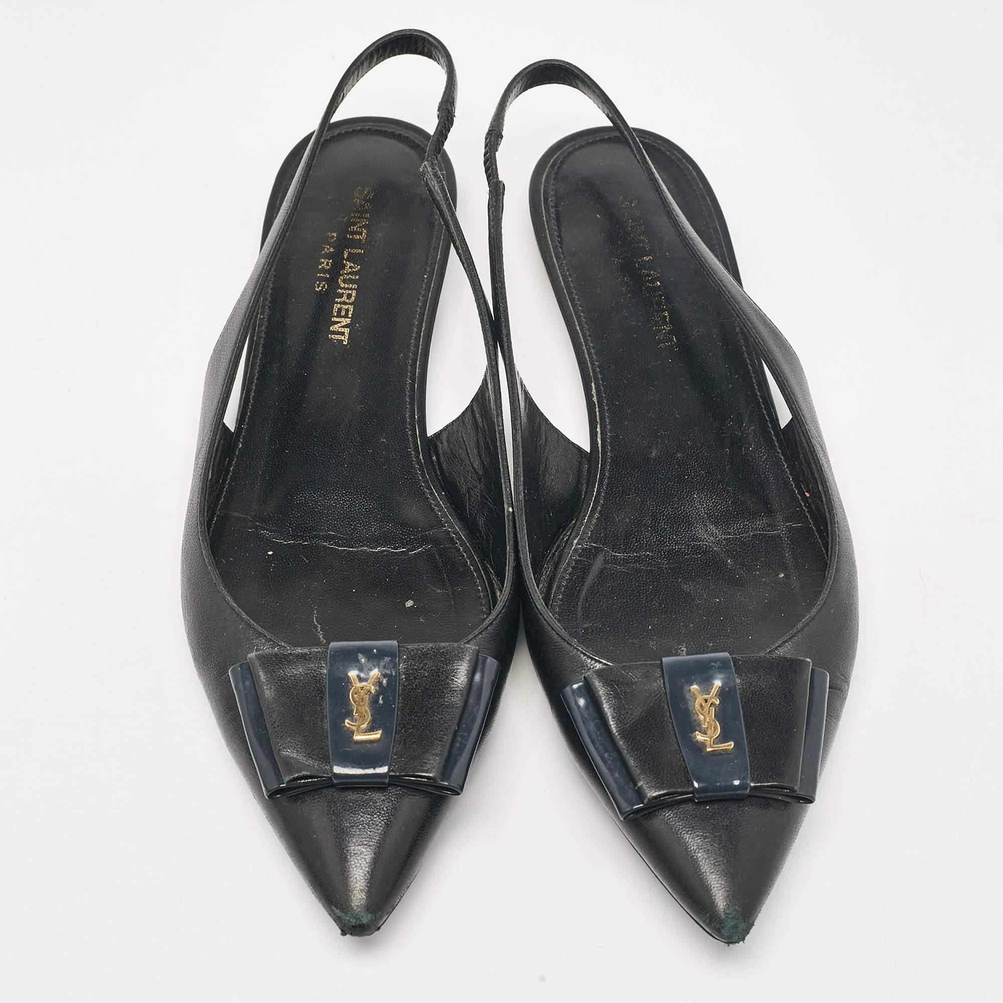 Saint Laurent Black Leather Anais Slingback Flats Size 37 In Good Condition In Dubai, Al Qouz 2