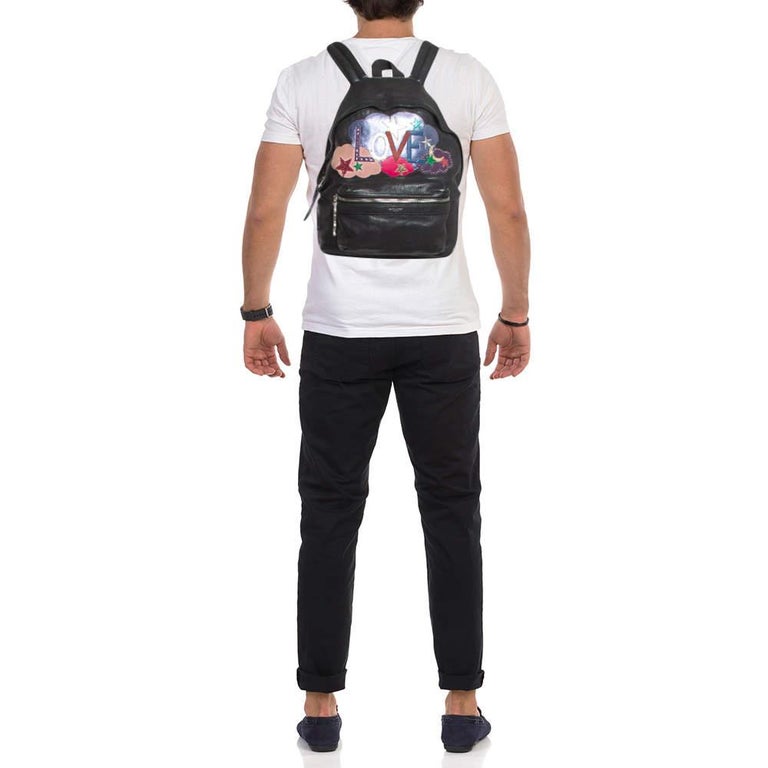 Saint Laurent Black Leather and Canvas Mini Love Appliqu&eacute