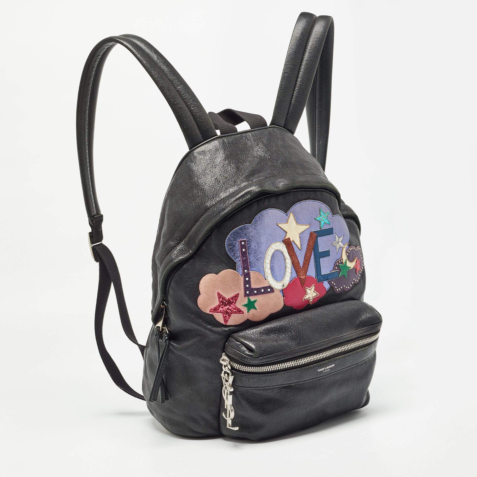 Noir Saint Laurent Black Leather and Canvas Mini Love Appliqué City Backpack en vente