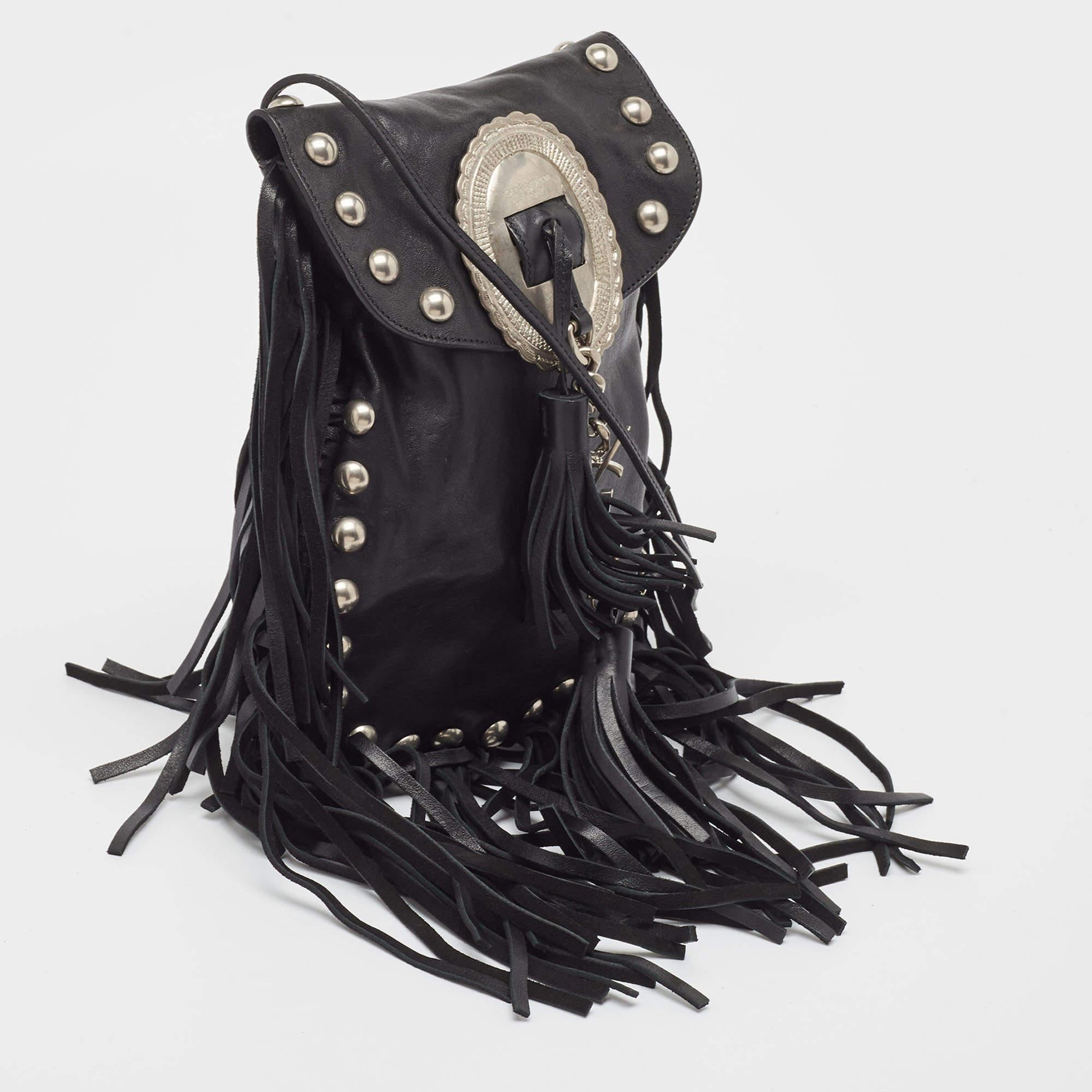 Women's Saint Laurent Black Leather Anita Fringed Shoulder Bag