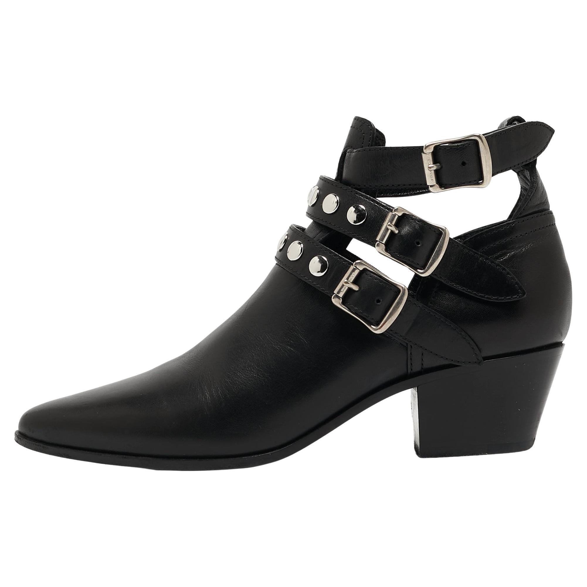 Saint Laurent Black Leather Ankle Boots Size 35 For Sale