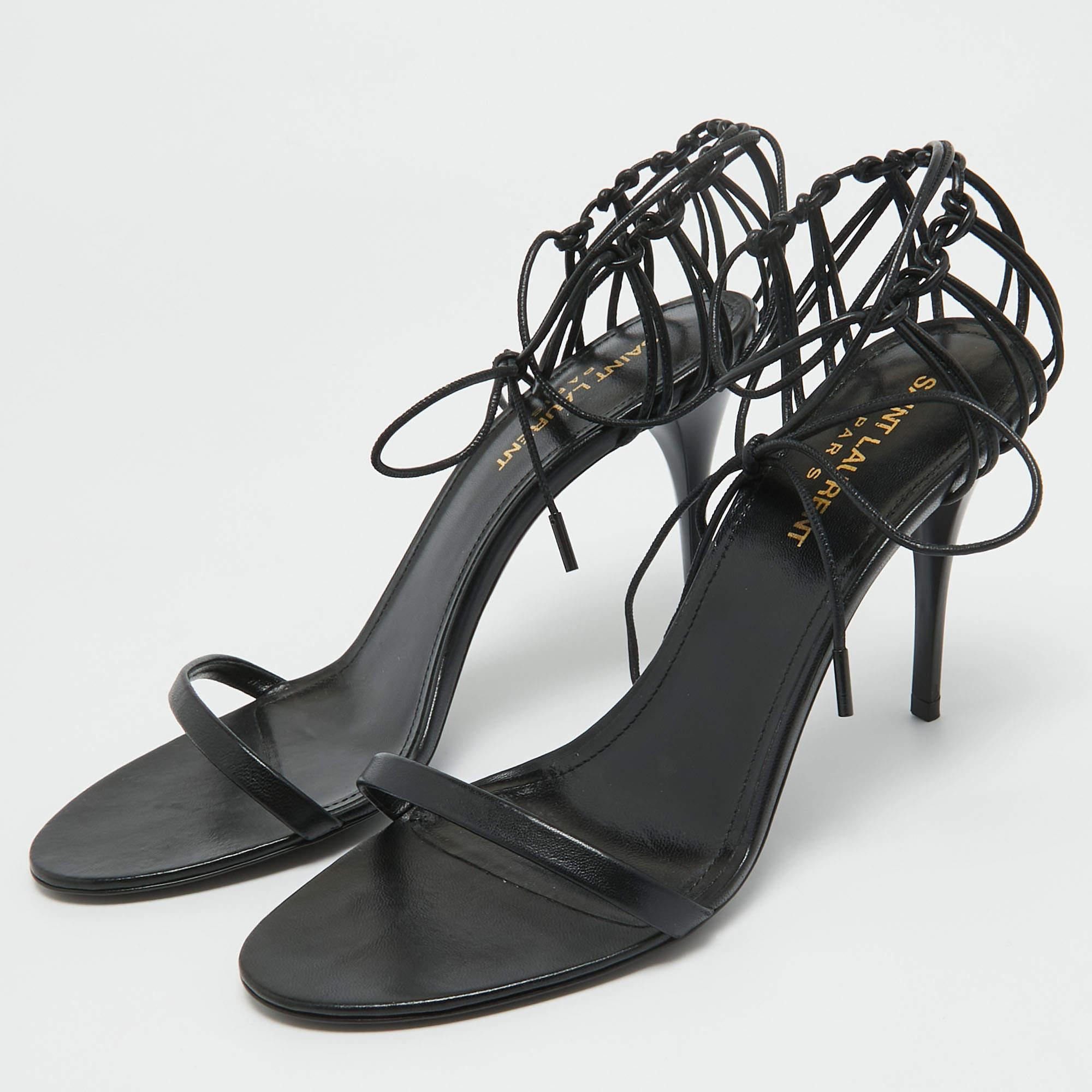 Saint Laurent Black Leather Ankle Strap Sandals Size 38 In Good Condition For Sale In Dubai, Al Qouz 2