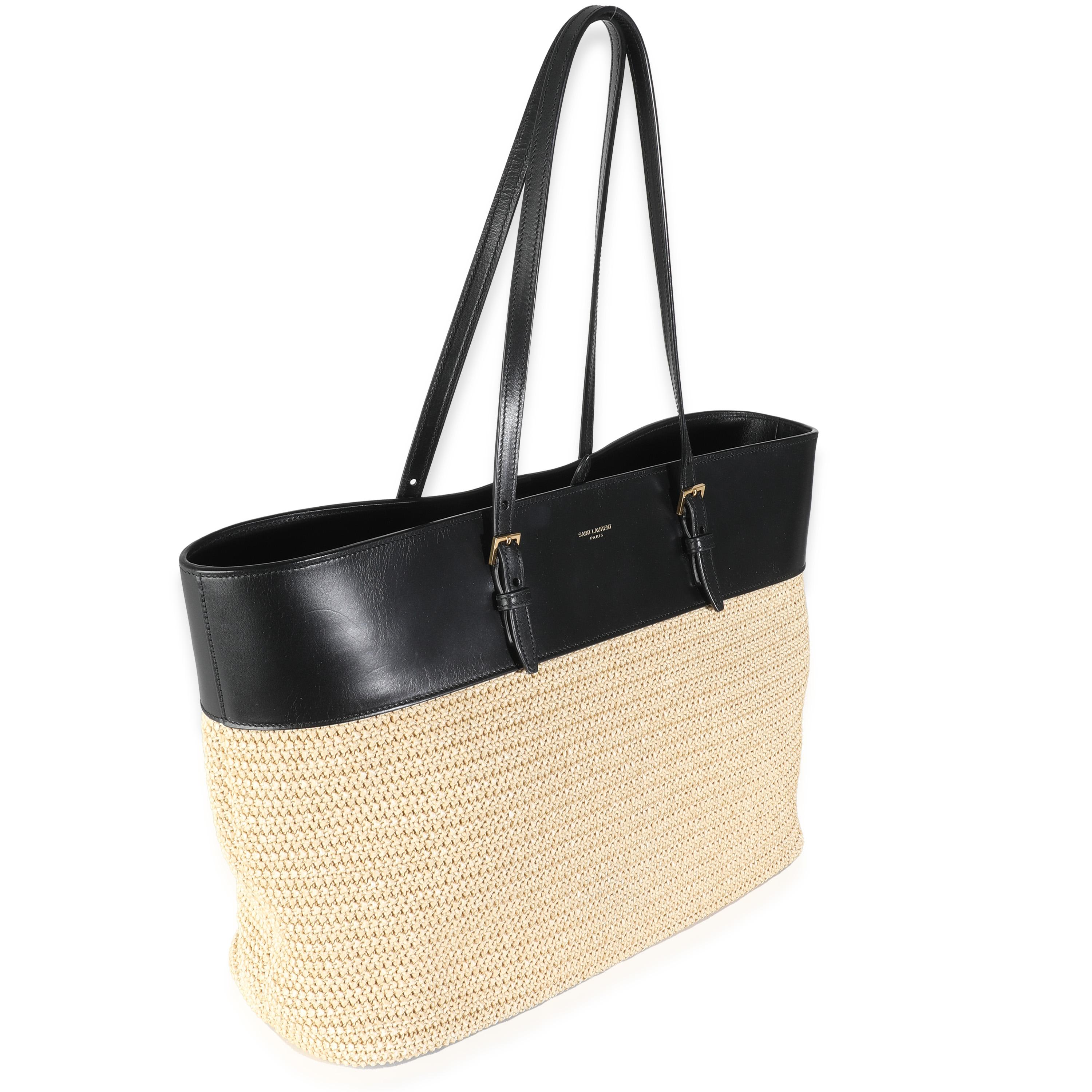 Saint Laurent Black Leather Beige Raffia Medium Boucle Shopper Tote In Excellent Condition For Sale In New York, NY