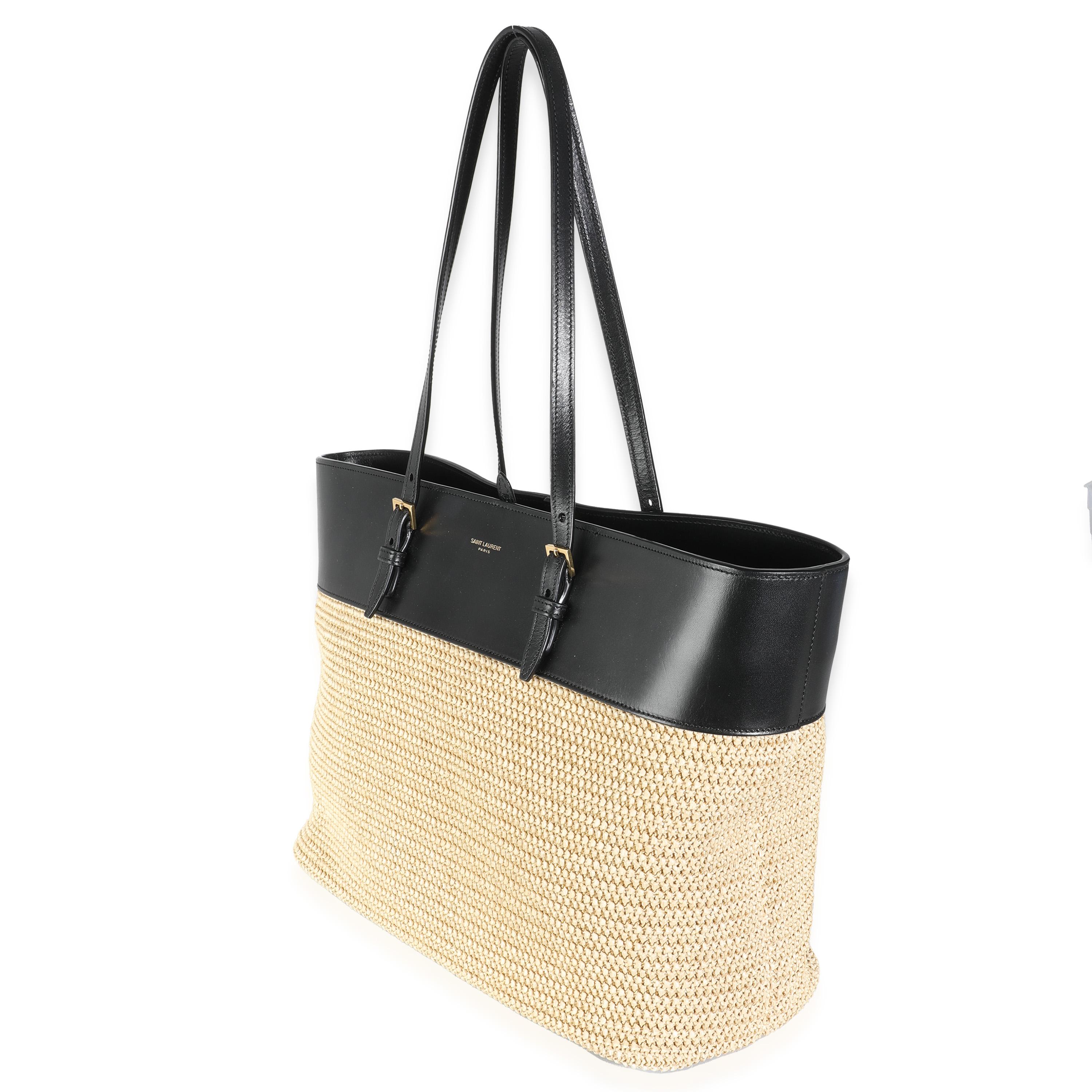 Women's or Men's Saint Laurent Black Leather Beige Raffia Medium Boucle Shopper Tote For Sale