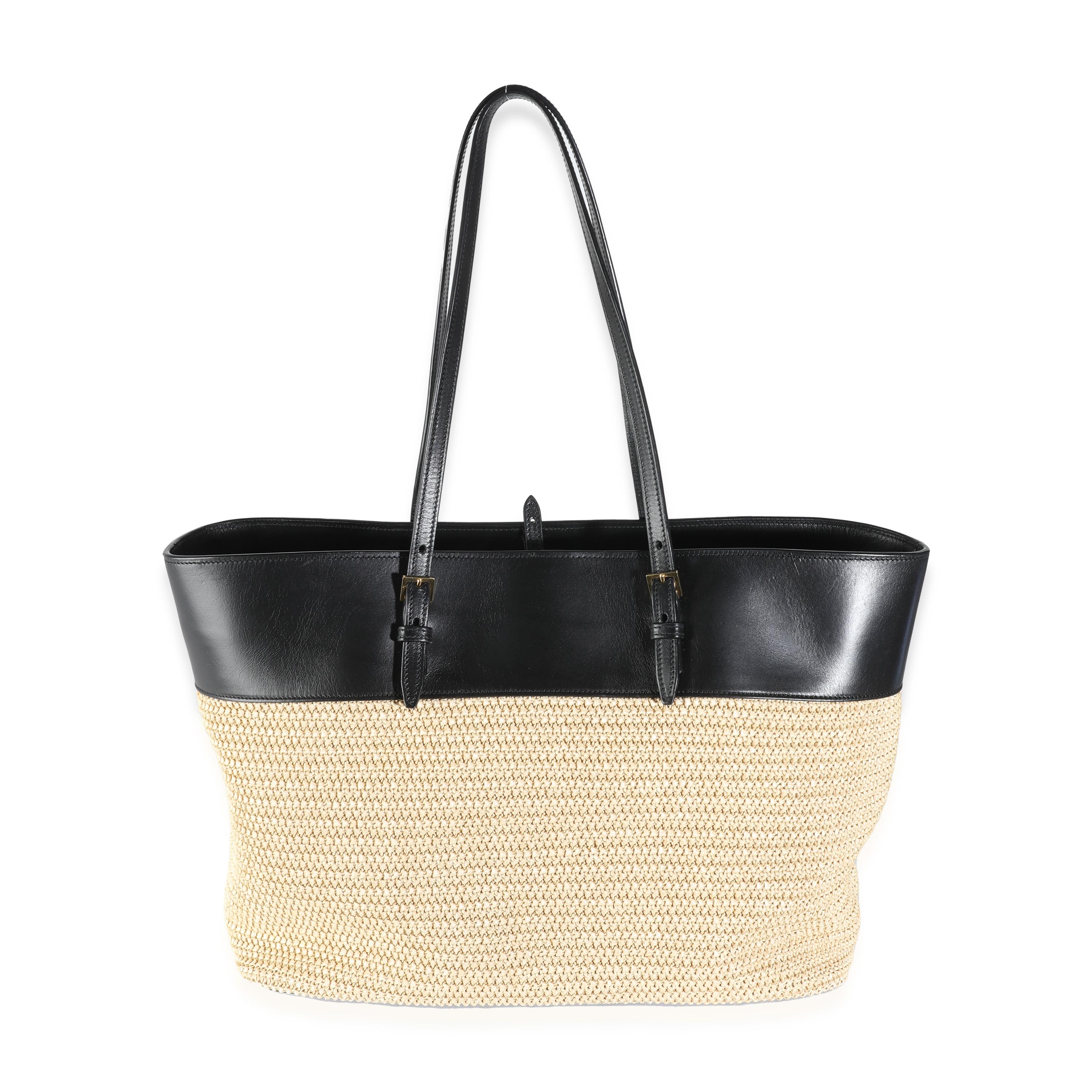 Saint Laurent Black Leather Beige Raffia Medium Boucle Shopper Tote For Sale 4