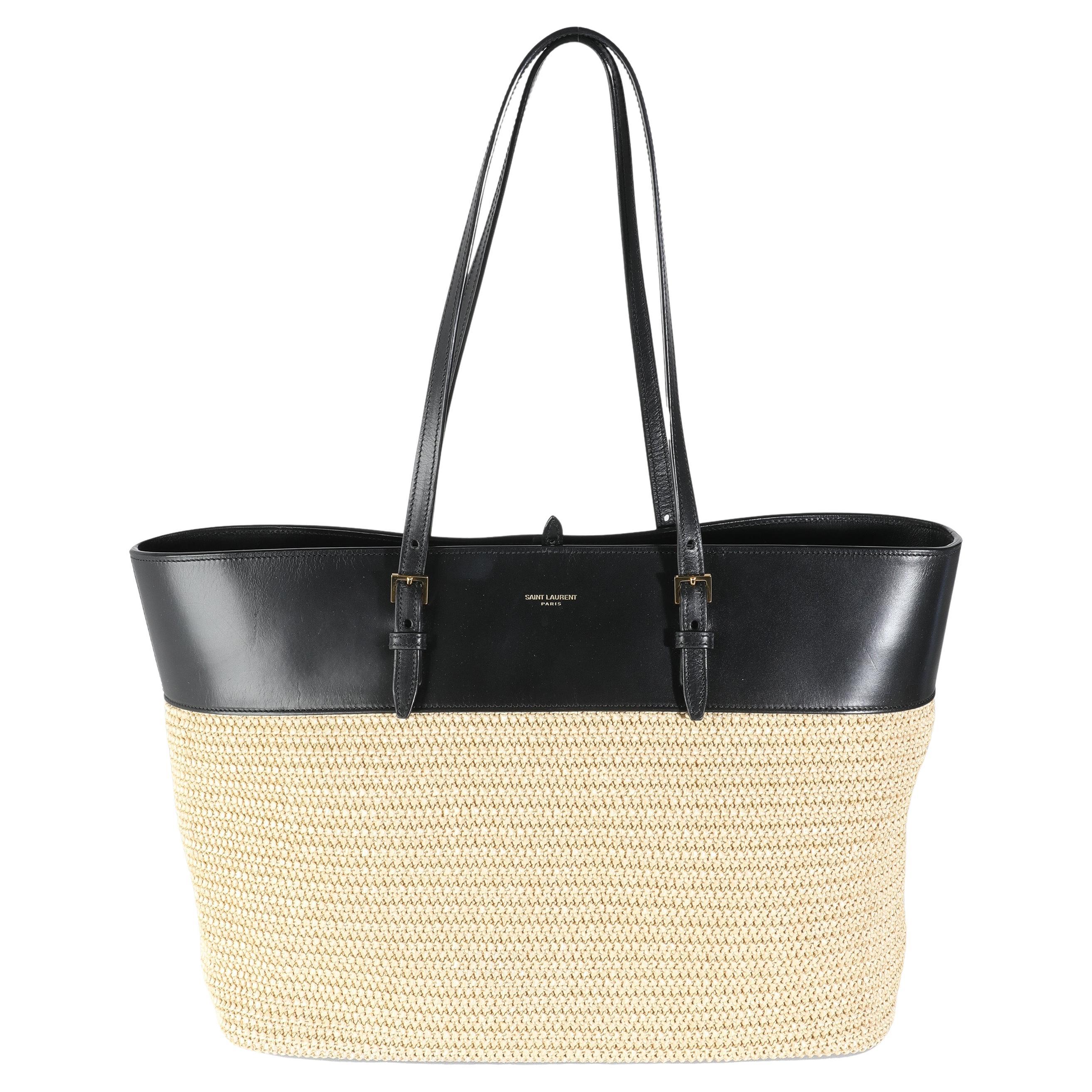 Saint Laurent Black Leather Beige Raffia Medium Boucle Shopper Tote For Sale